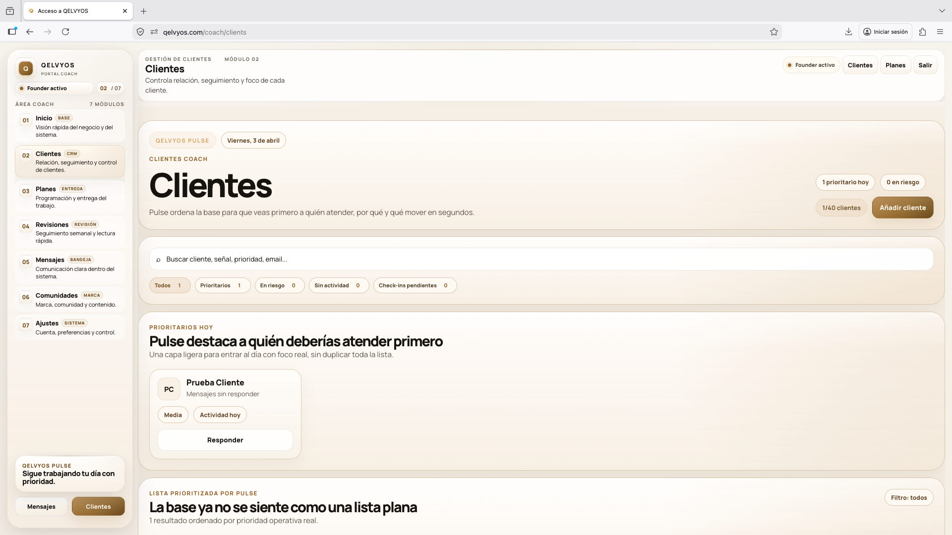 Vista de clientes del coach en QELVYOS