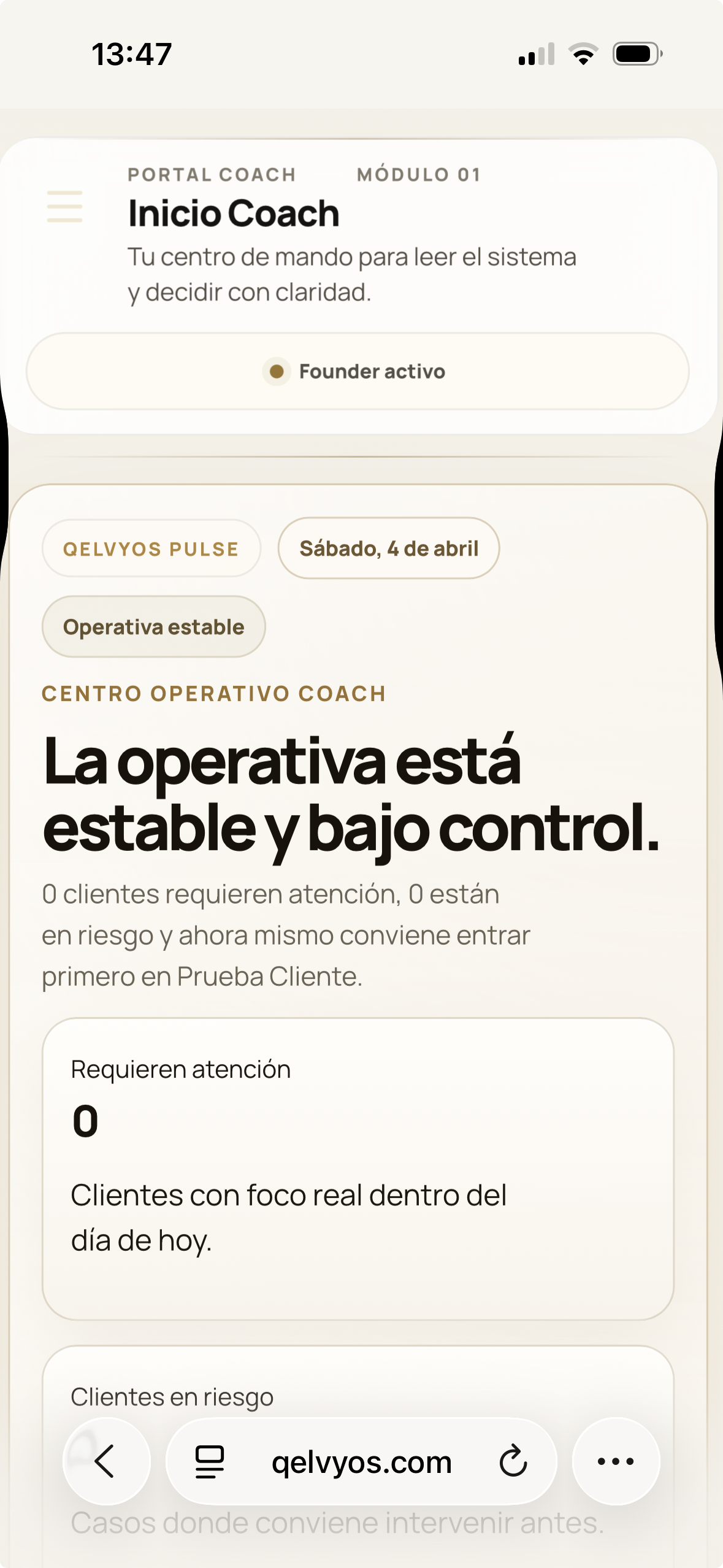Captura real del inicio coach en móvil dentro de QELVYOS