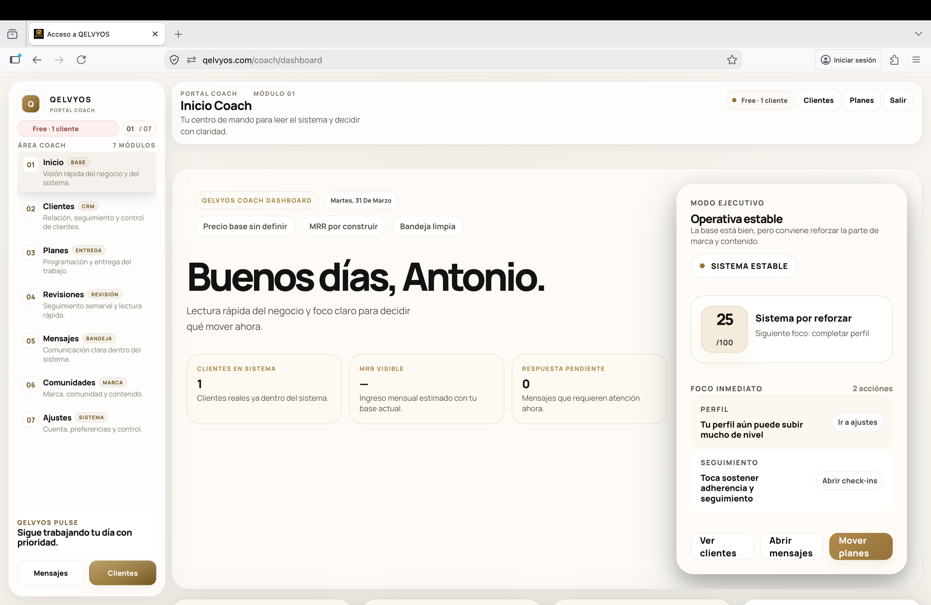 Vista del dashboard coach en QELVYOS