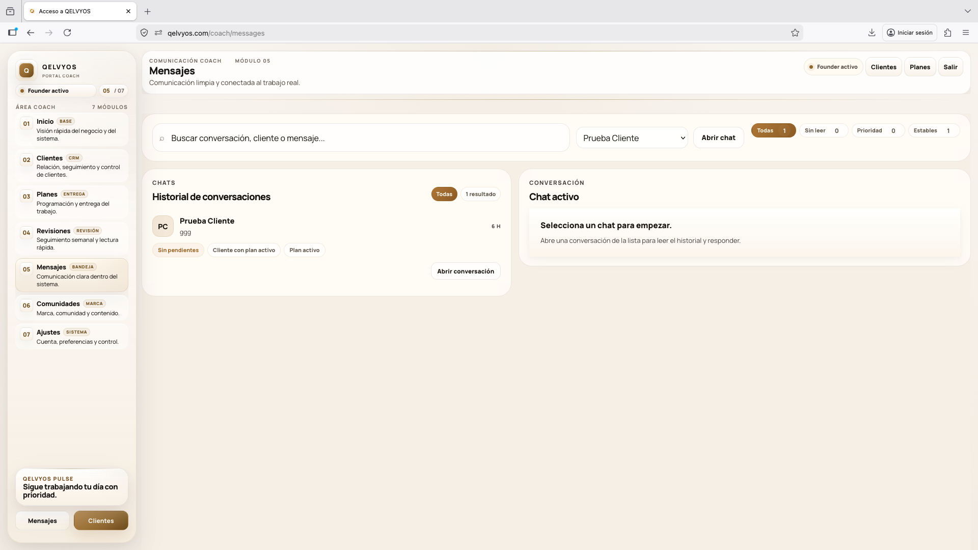 Vista de mensajes del coach en QELVYOS