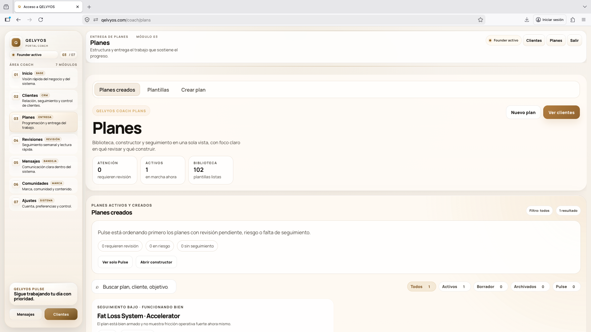 Vista de planes del coach en QELVYOS