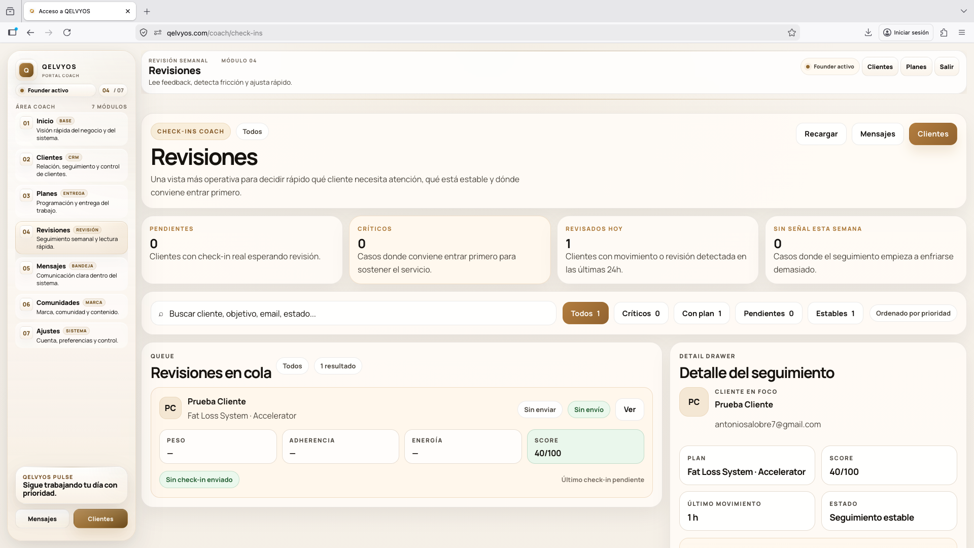 Vista de revisiones del coach en QELVYOS